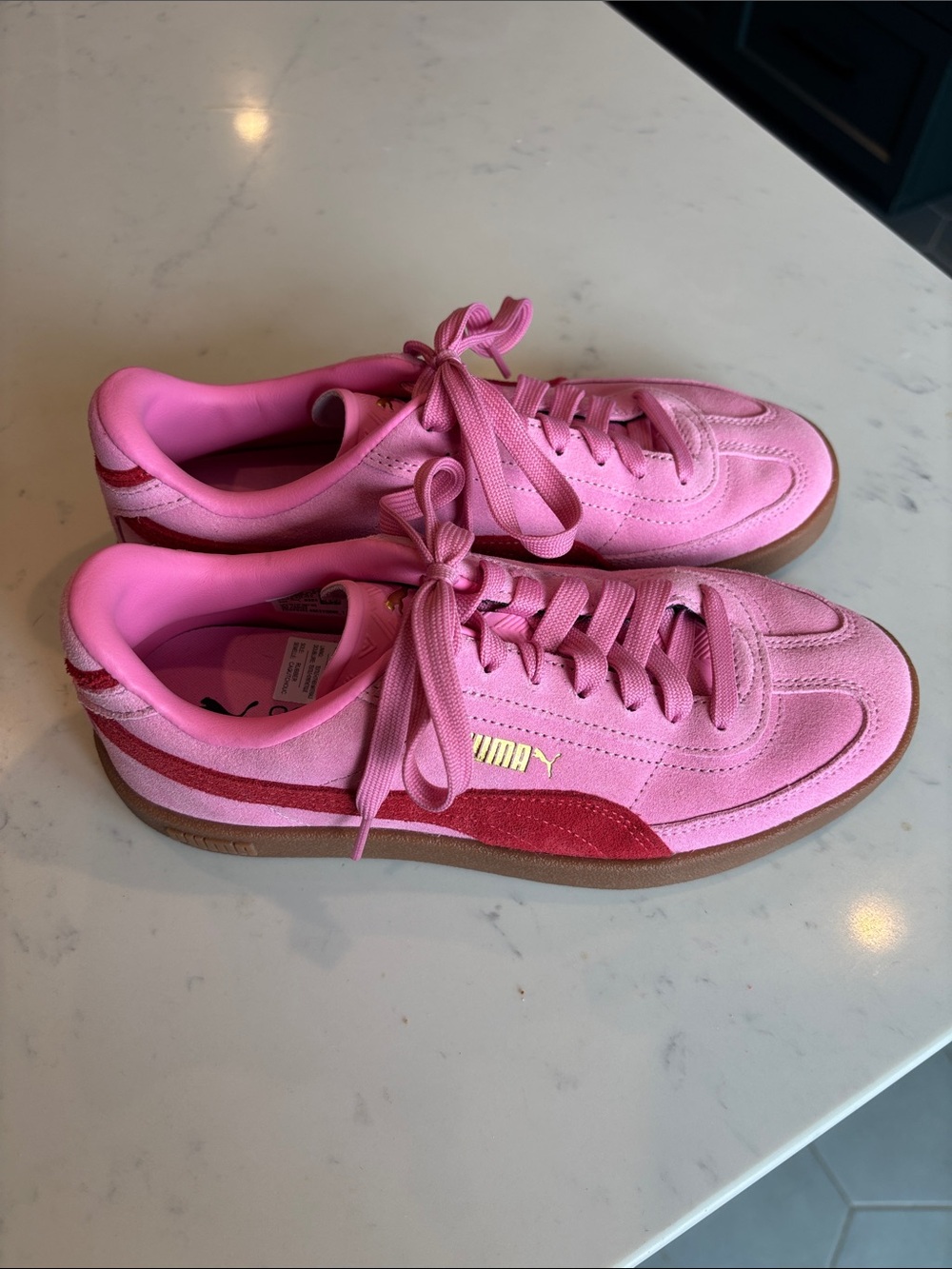 Puma Pink Suede Sneakers with Red Stripe and Gum Sole